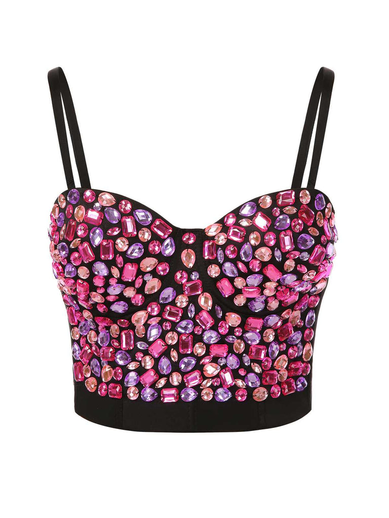1970s Spaghetti Strap 3D Rhinestone Embellished Crop Top - vintage fashion, retro style