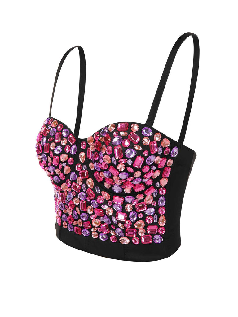 1970s Spaghetti Strap 3D Rhinestone Embellished Crop Top - vintage fashion, retro style