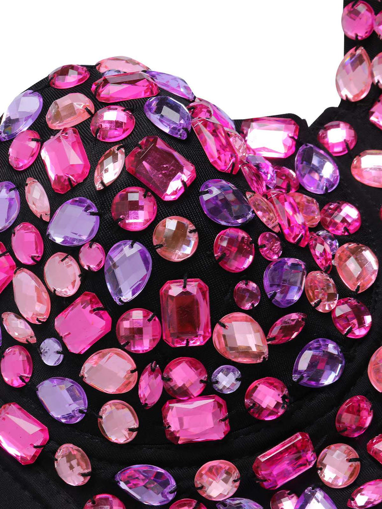 1970s Spaghetti Strap 3D Rhinestone Embellished Crop Top - vintage fashion, retro style