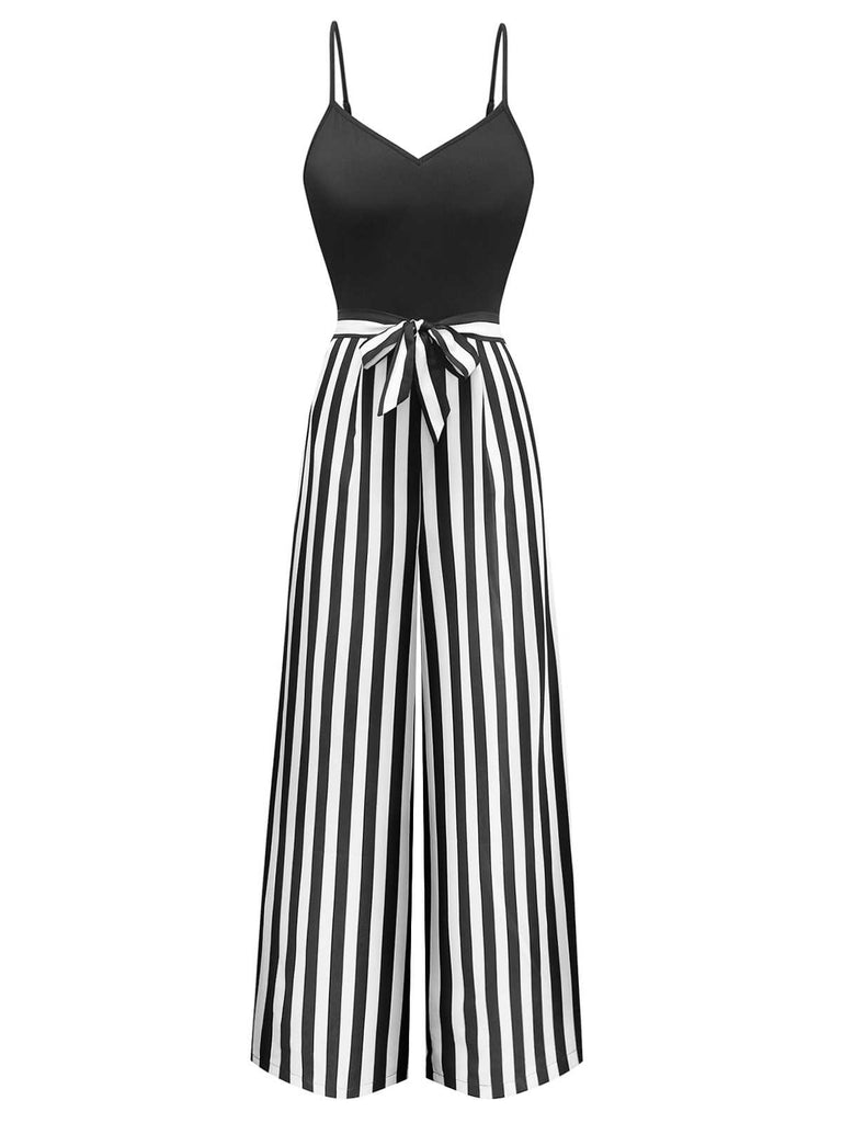 1970s Spaghetti Strap Striped Belted Jumpsuit - vintage jumpsuit, retro fashion