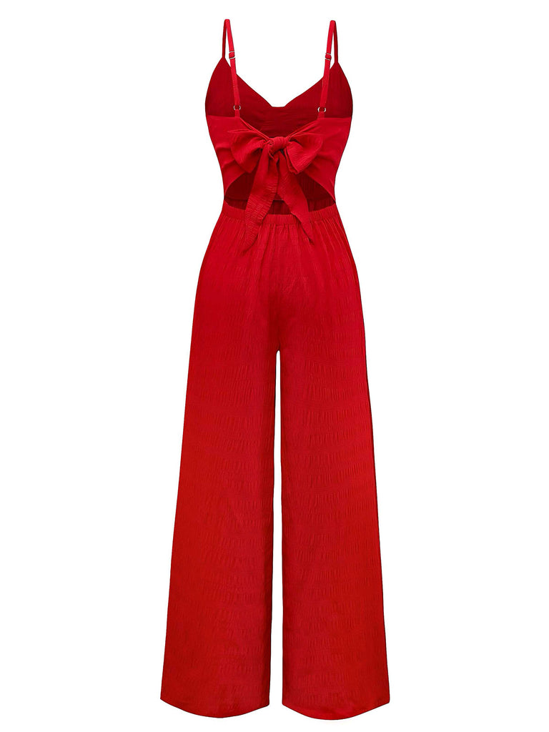 1970s Spaghetti Strap Textured Solid Jumpsuit - vintage jumpsuit, retro fashion, elegant red