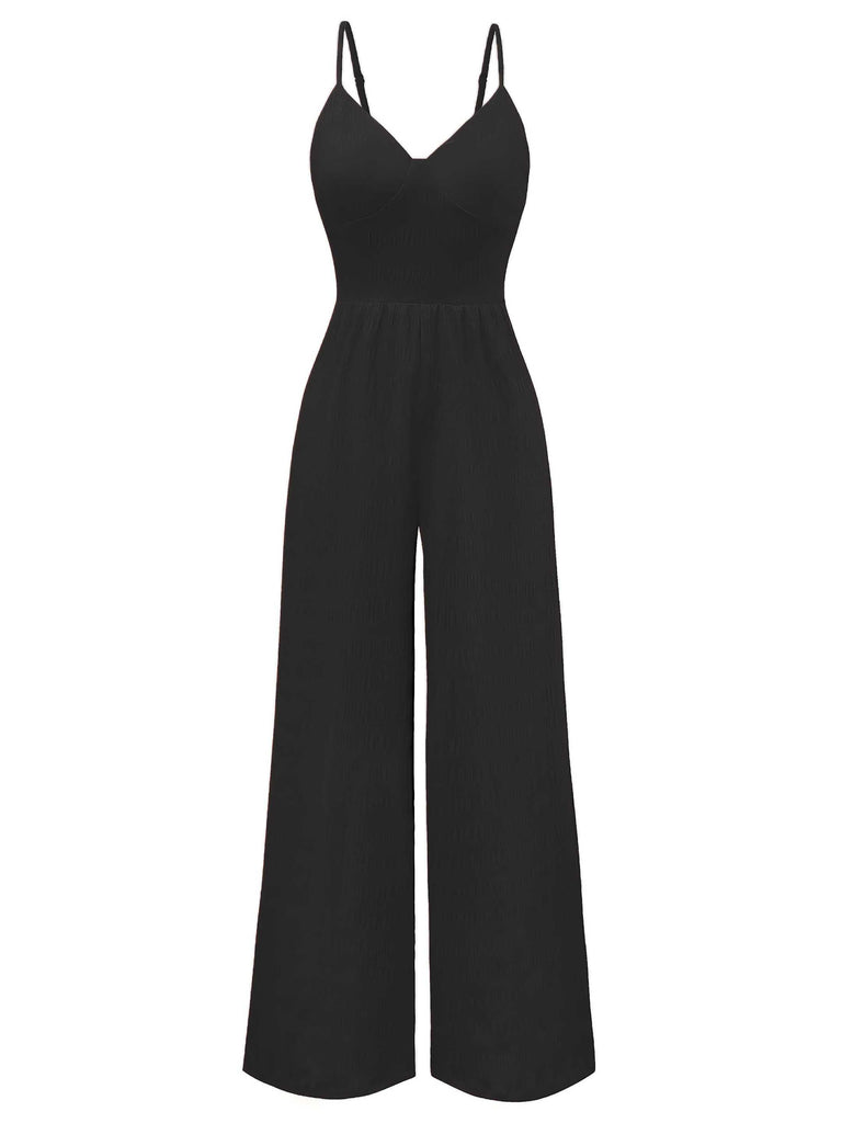 1970s Spaghetti Strap Textured Solid Jumpsuit - vintage jumpsuit, retro fashion, elegant red