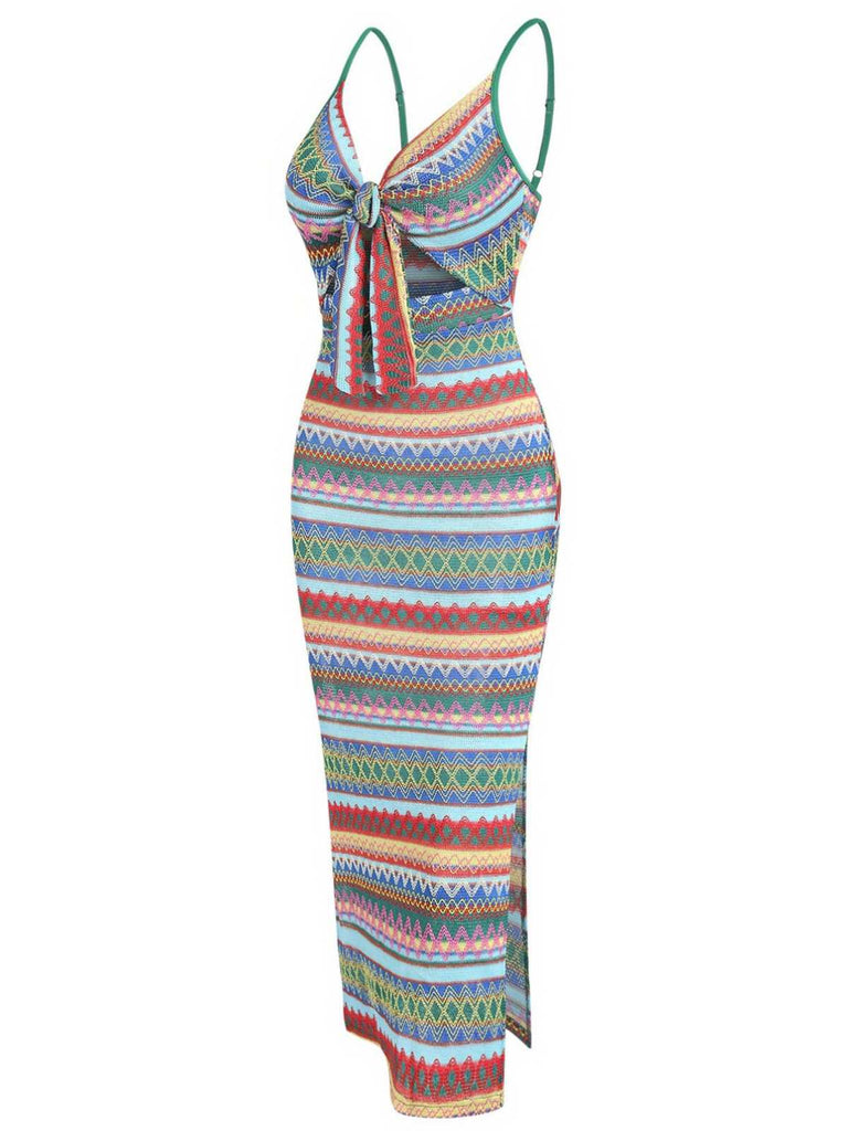 1970s Strap Colorful Stripes Lace-Up Boho Dress - vintage dress, retro fashion