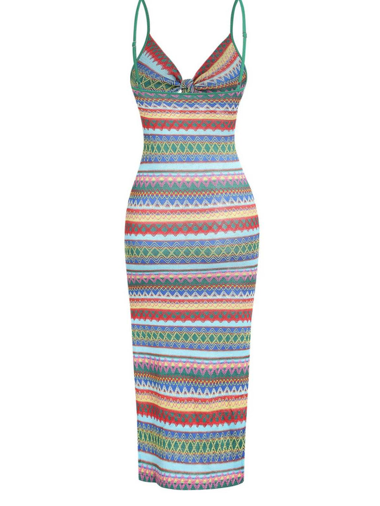 1970s Strap Colorful Stripes Lace-Up Boho Dress - vintage dress, retro fashion