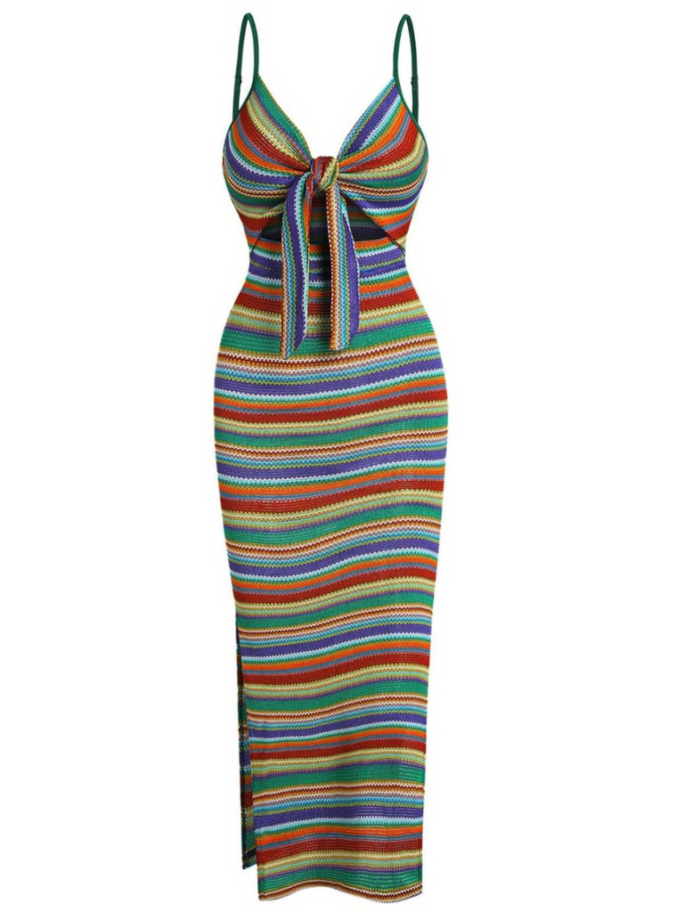 1970s Strap Colorful Stripes Lace-Up Boho Dress - vintage dress, retro fashion
