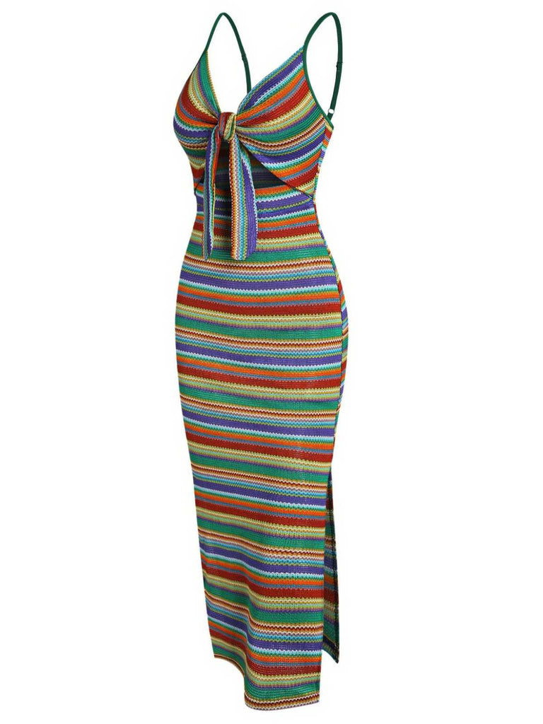 1970s Strap Colorful Stripes Lace-Up Boho Dress - vintage dress, retro fashion