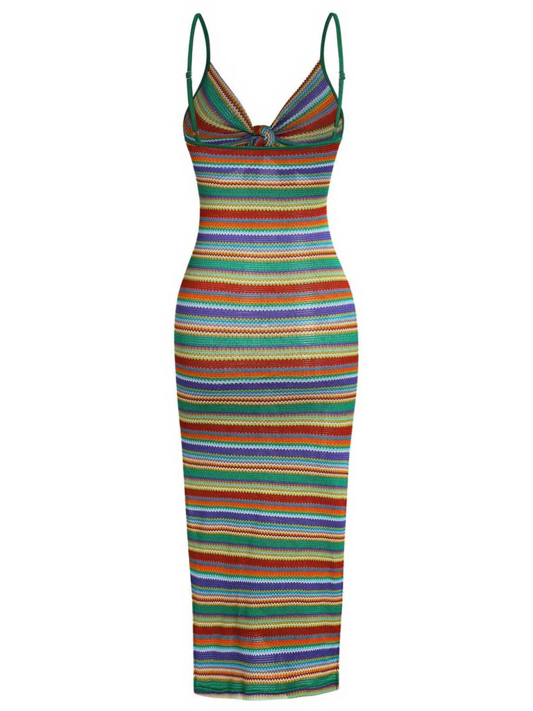 1970s Strap Colorful Stripes Lace-Up Boho Dress - vintage dress, retro fashion