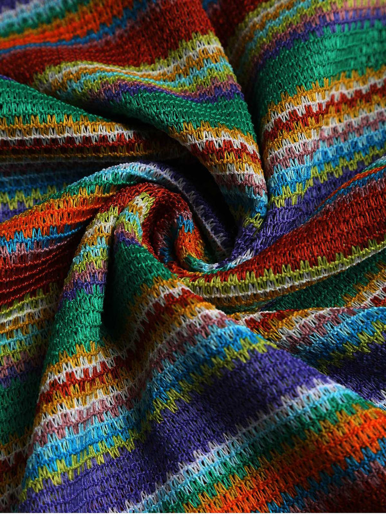 1970s Strap Colorful Stripes Lace-Up Boho Dress - vintage dress, retro fashion