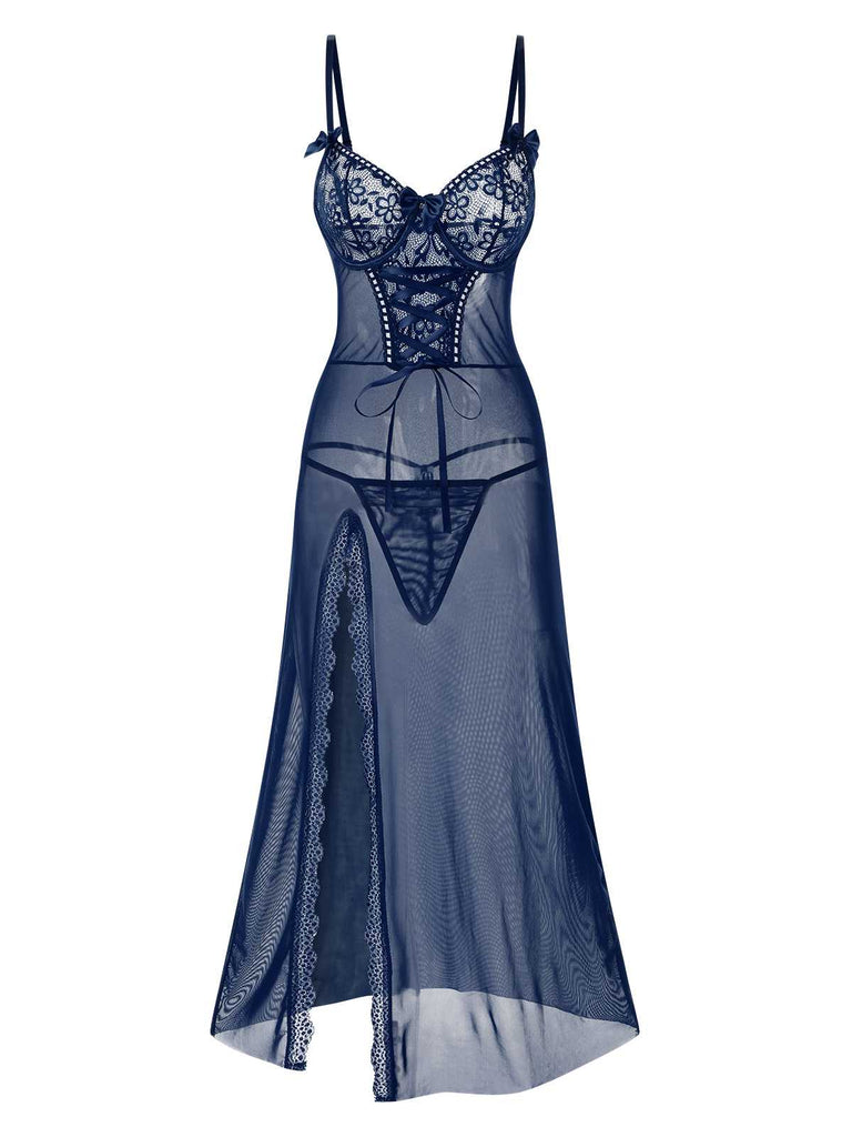 1970s Strap Lace Sheer Slit Sleepwear Nightgown - vintage nightgown, retro sleepwear