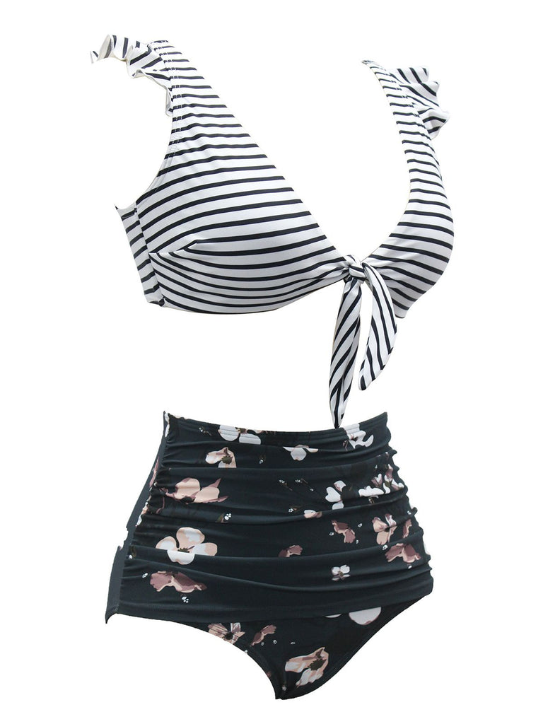 This 1970s Strap Stripes Floral Swimsuit carries 1970s vacation dreams in every stitch