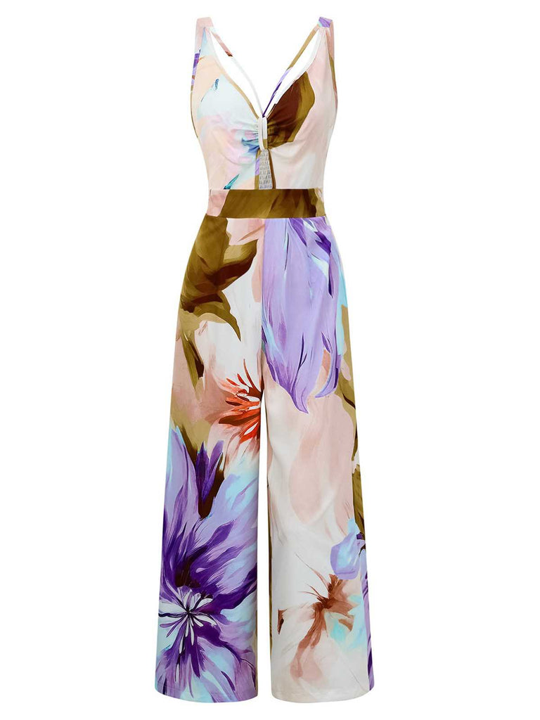 1970s Strap V-Neck Floral Smocked Jumpsuit - vintage jumpsuit, retro fashion