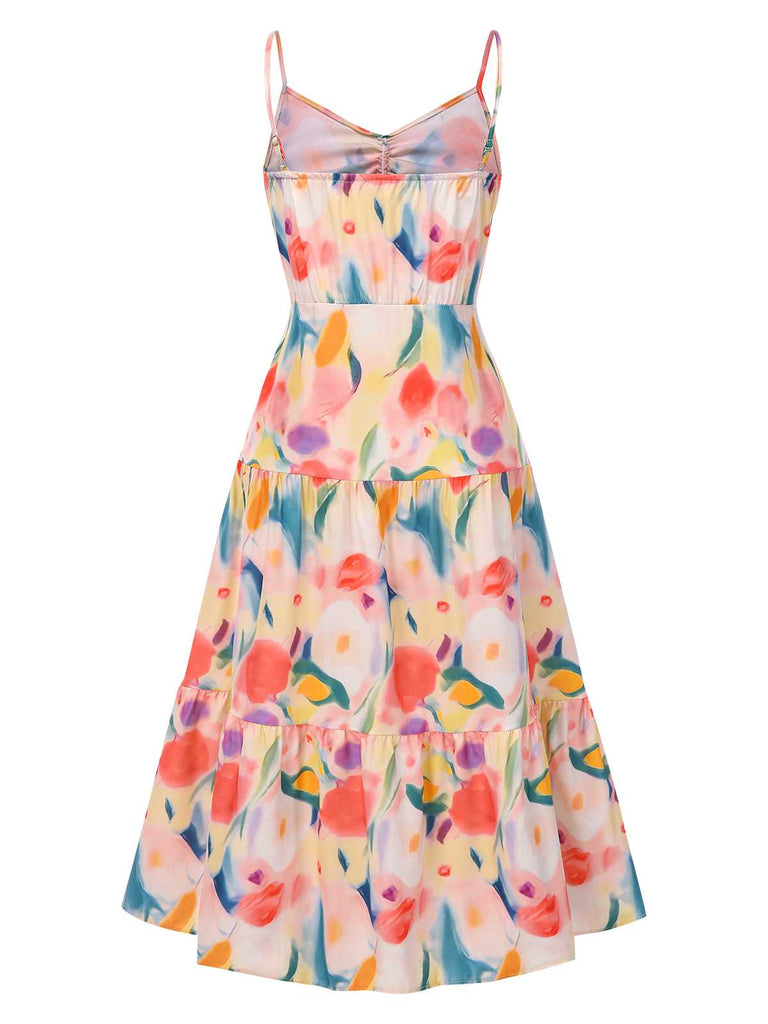 1970s Strap Watercolor Floral Ruched Tiered Dress: where 1970s romance meets her modern spirit