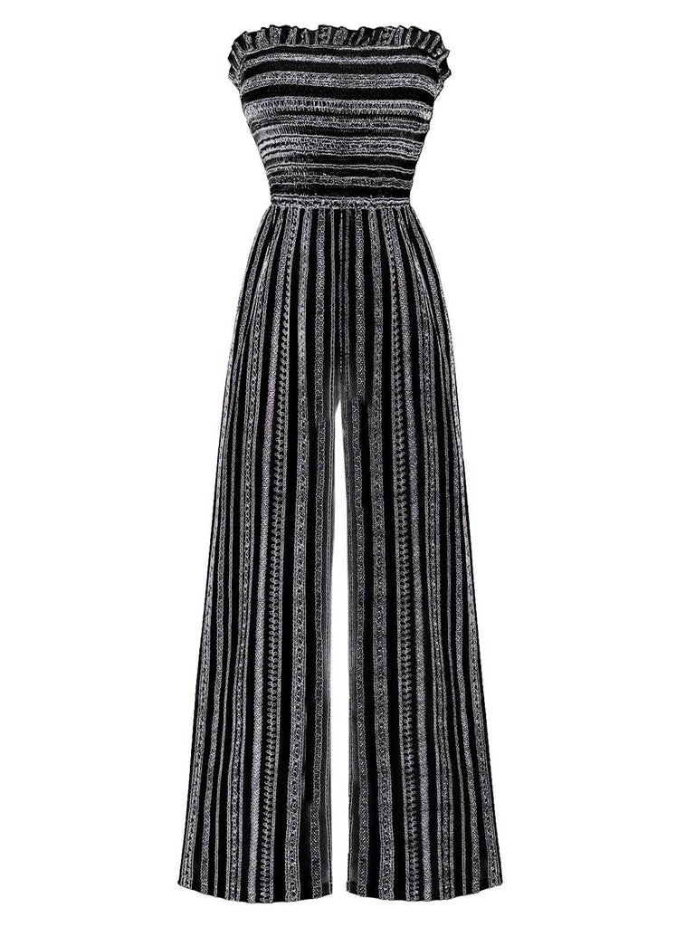 1970s Strapless Boho Stripes Wide Leg Jumpsuit - vintage jumpsuit, retro fashion