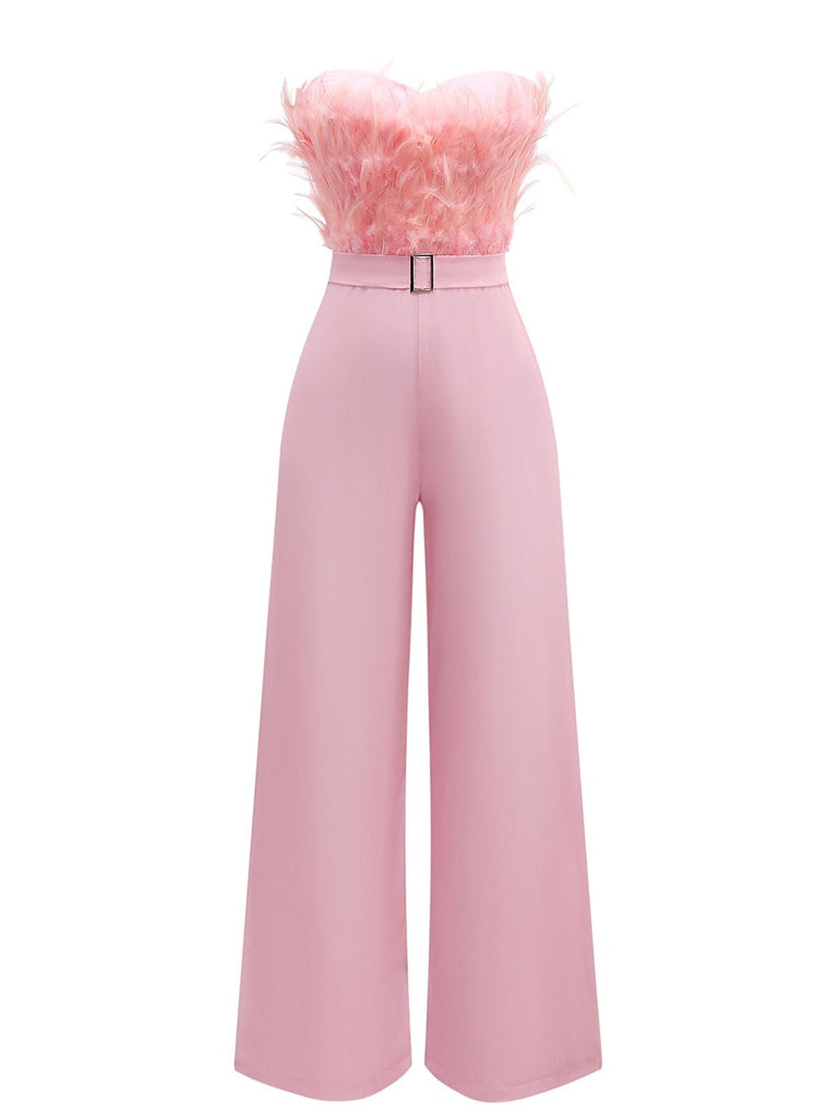 1970s Strapless Feather Solid Jumpsuit - vintage jumpsuit, retro fashion