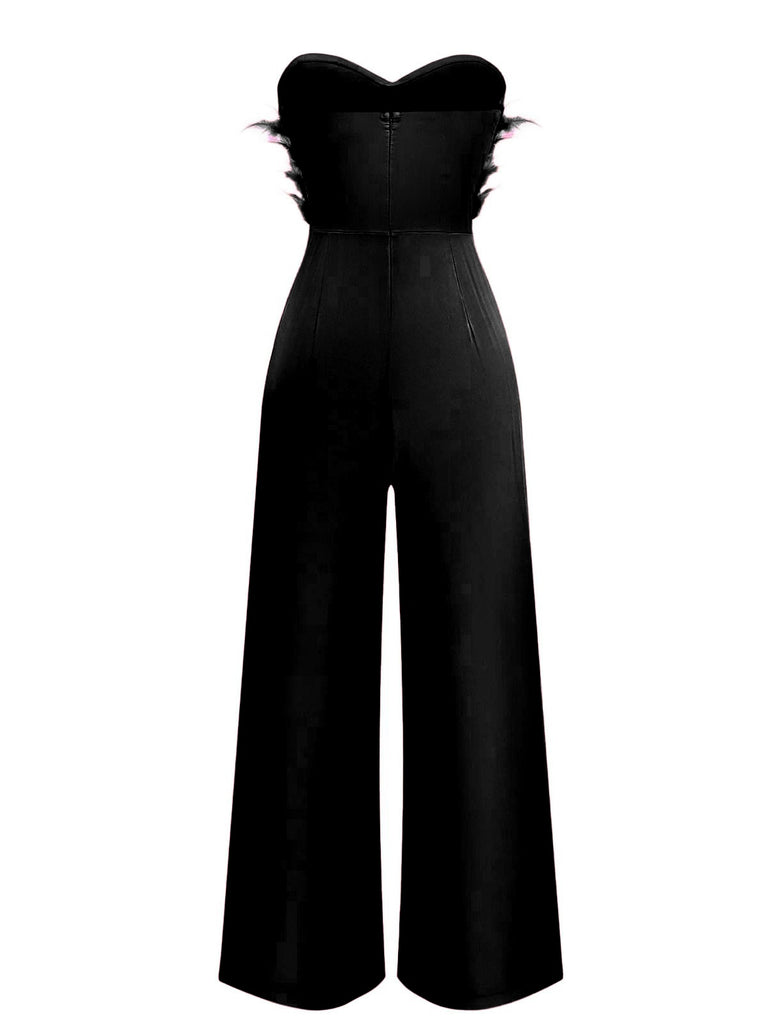 1970s Strapless Feather Solid Jumpsuit - vintage jumpsuit, retro fashion