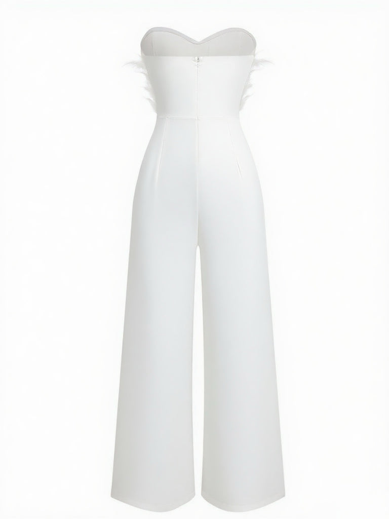 1970s Strapless Feather Solid Jumpsuit - vintage jumpsuit, retro fashion