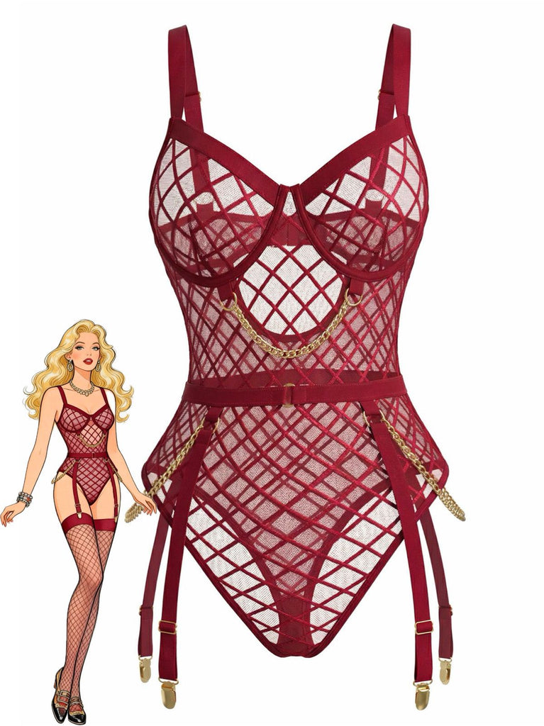 1970s Strappy Chain Accents Sheer Mesh Lingerie - vintage fashion, retro style