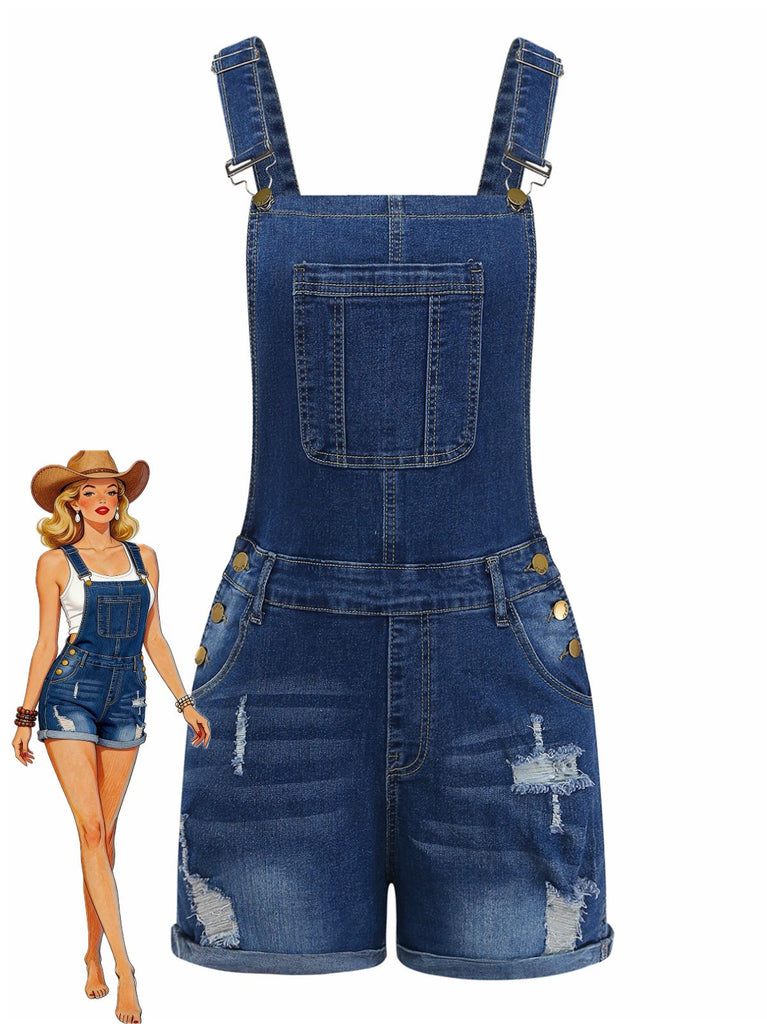 1970s Stretch Ripped Denim Overall Romper - vintage jumpsuit, retro fashion