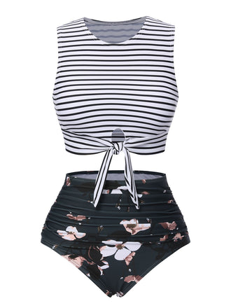 1970s Striped Waist Tie Floral Tankini Set, classic vintage style elegant retro fashion - Image 1