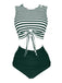 Green 1970s Striped Waist Tie Patchwork Swimsuit, classic vintage style summer beach collection - Image 1
