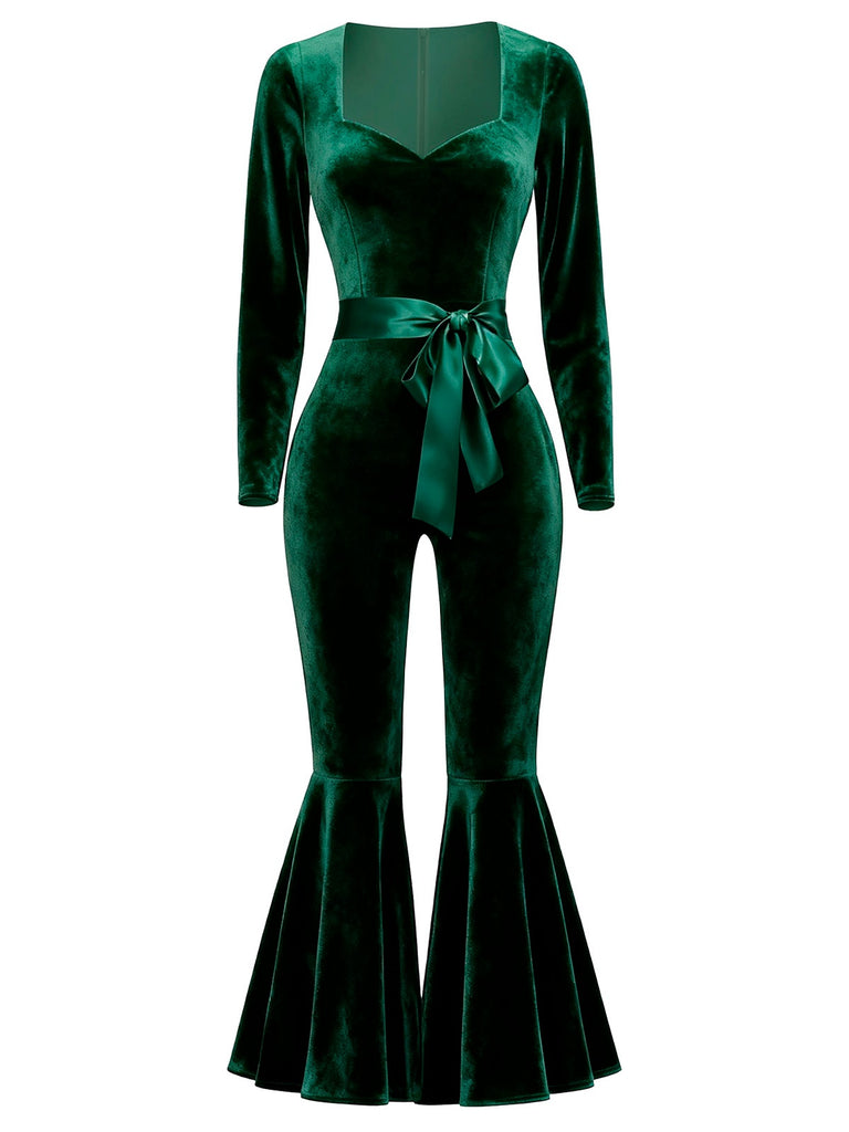 1970s Sweetheart Flare Leg Velvet Jumpsuit - vintage jumpsuit, retro fashion