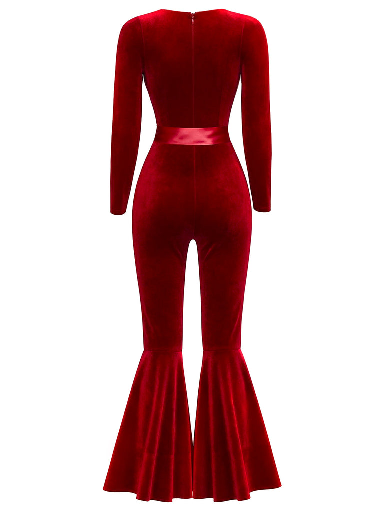 1970s Sweetheart Flare Leg Velvet Jumpsuit - vintage jumpsuit, retro fashion