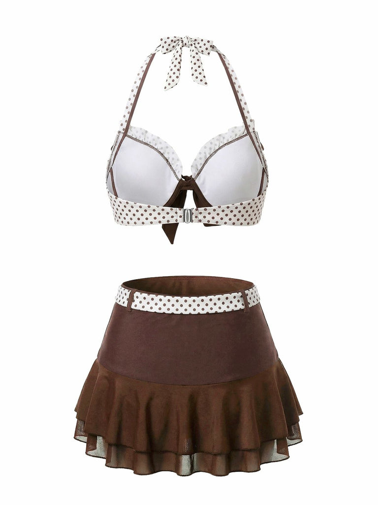 3PCS Brown 1970s Polka Dot Ruffle Halter Swimsuit Set - vintage swimsuit, pin-up style