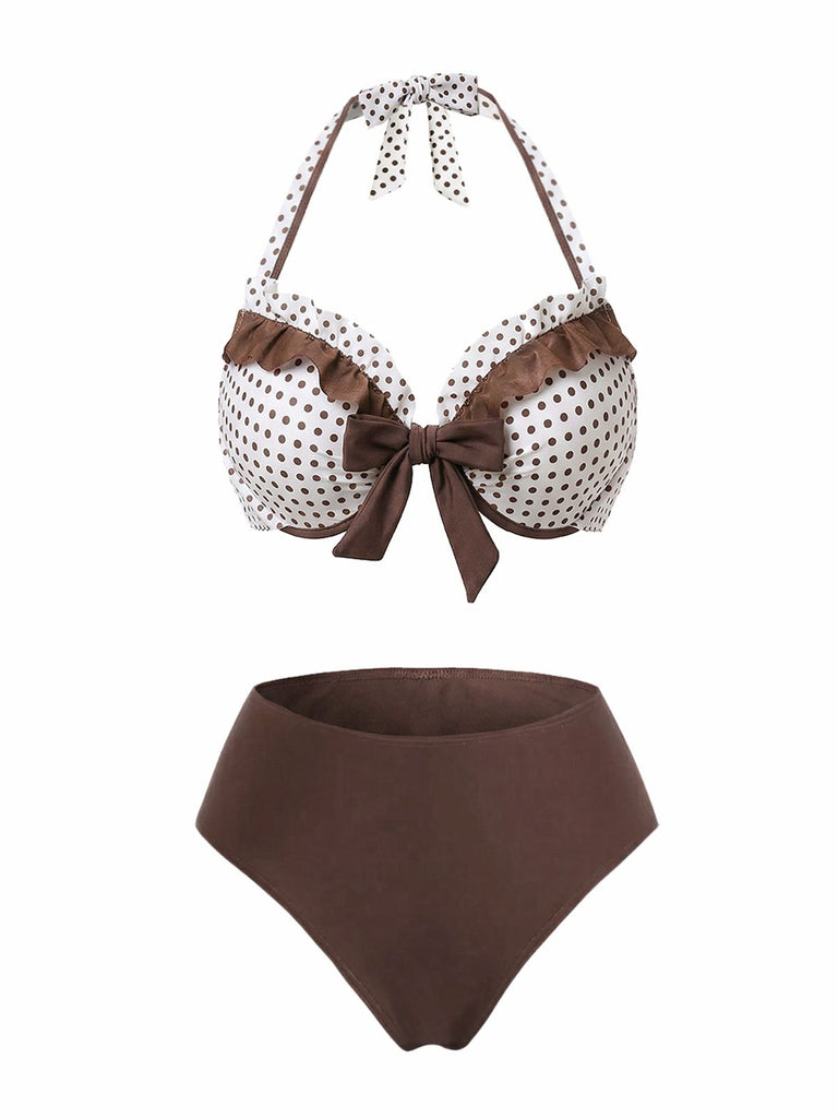 3PCS Brown 1970s Polka Dot Ruffle Halter Swimsuit Set - vintage swimsuit, pin-up style