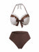 3PCS Brown 1970s Polka Dot Ruffle Halter Swimsuit Set - vintage swimsuit, pin-up style