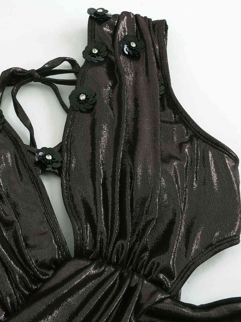 Black 1970s Solid Appliques Strappy Glossy One-Piece Swimsuit - vintage swimsuit, pin-up style, classic black