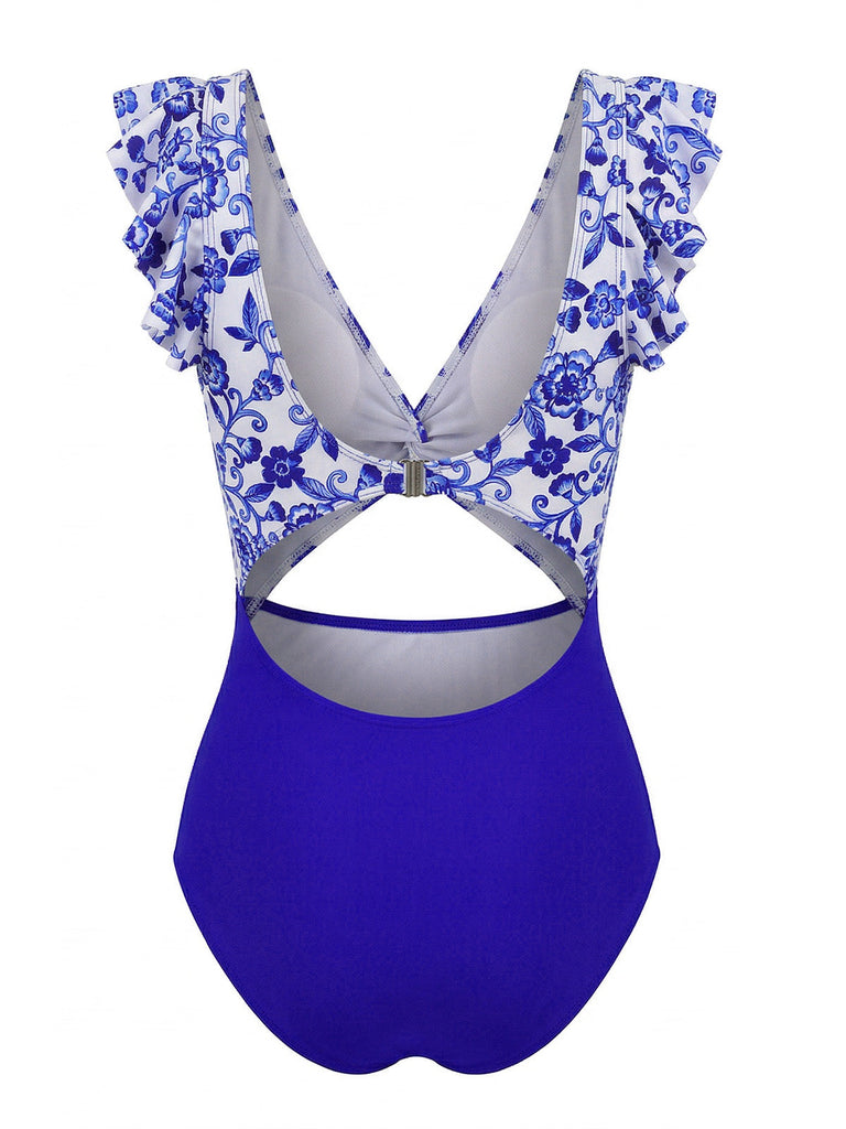 Dark Blue 1970s Porcelain Color Block One-Piece Swimsuit - vintage swimsuit, pin-up style