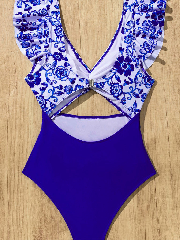 Dark Blue 1970s Porcelain Color Block One-Piece Swimsuit - vintage swimsuit, pin-up style