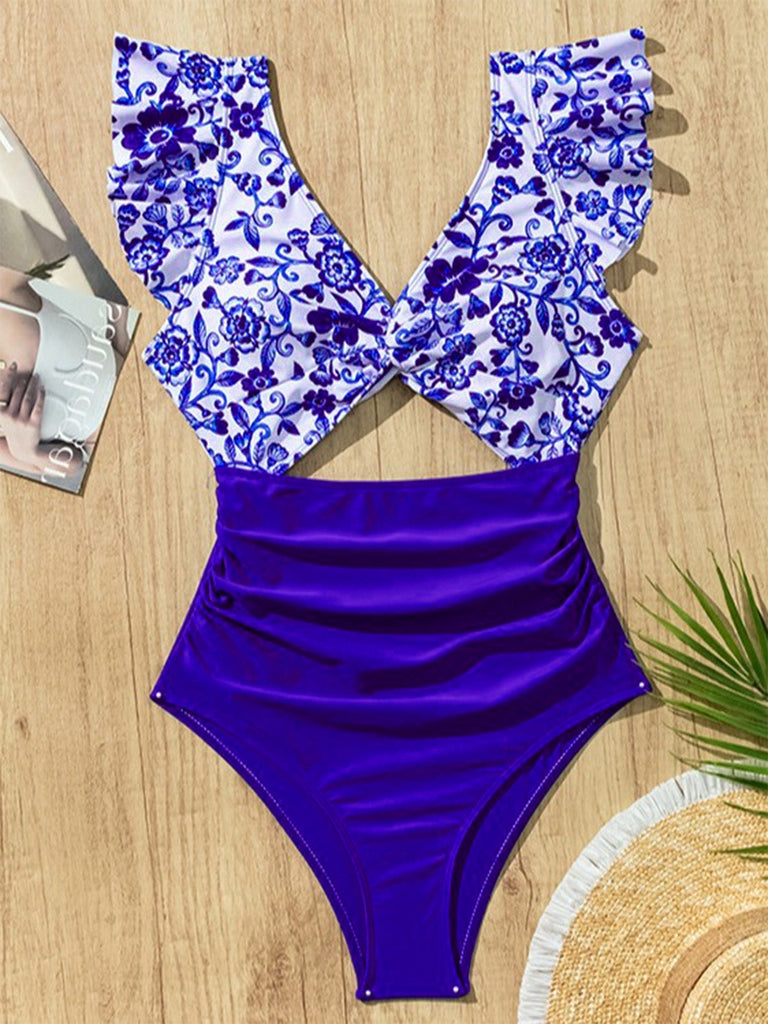 Dark Blue 1970s Porcelain Color Block One-Piece Swimsuit - vintage swimsuit, pin-up style