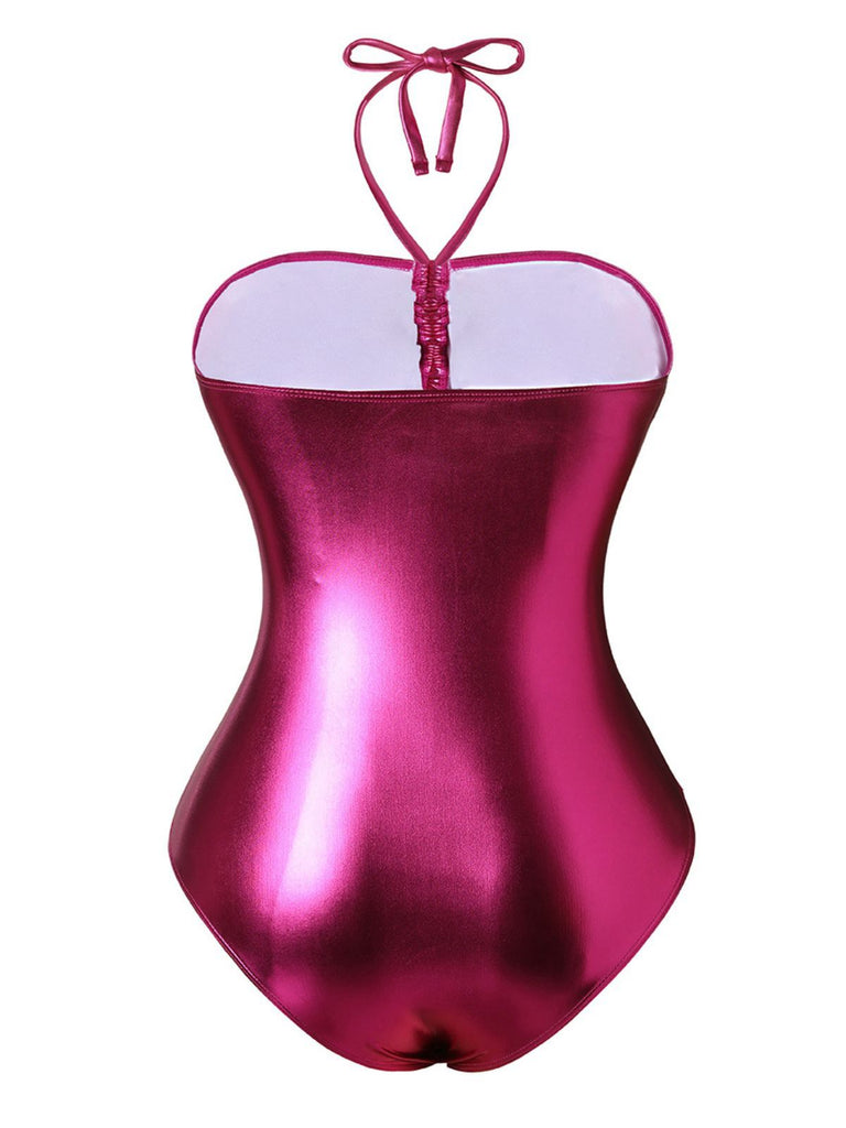 1970s Metallic Halter Neck Cutout One-Piece Swimsuit - vintage swimsuit, pin-up style