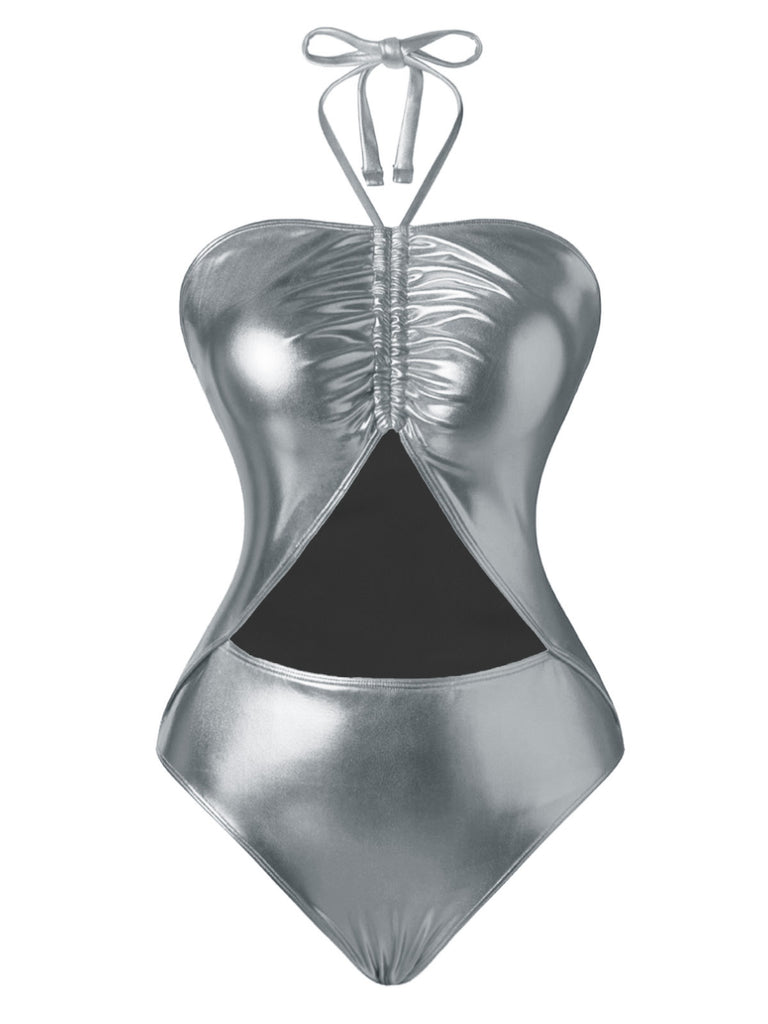 1970s Metallic Halter Neck Cutout One-Piece Swimsuit - vintage swimsuit, pin-up style