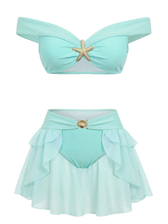 Teal 1970s Jasmine Princess Off-Shoulder Ruffled Bikini Set - vintage fashion, retro style