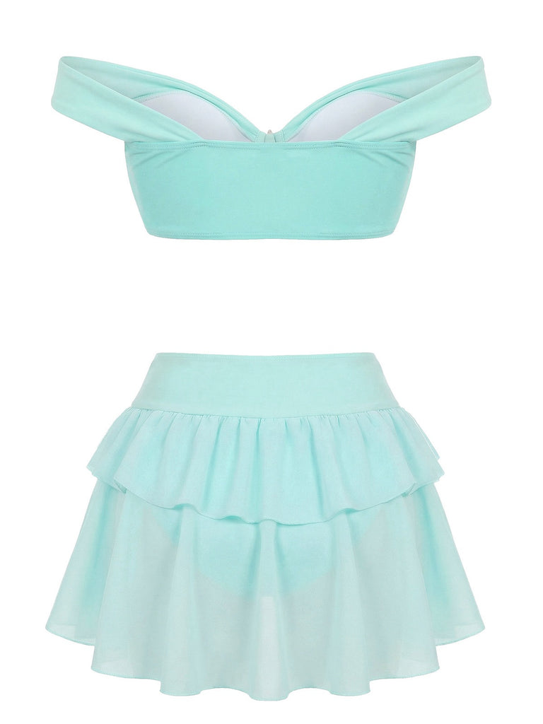 Teal 1970s Jasmine Princess Off-Shoulder Ruffled Bikini Set - vintage fashion, retro style
