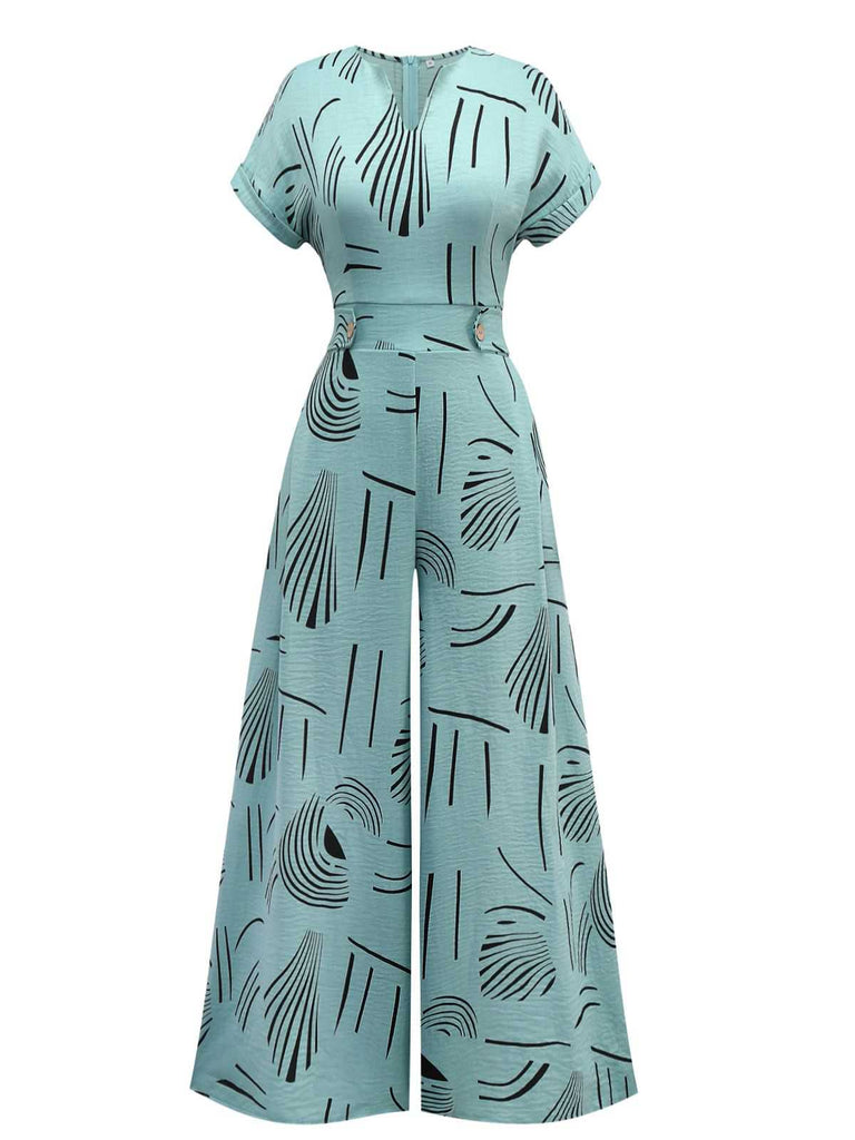 1970s V-Neck Abstract Line Wide-Leg Jumpsuit - vintage jumpsuit, retro fashion