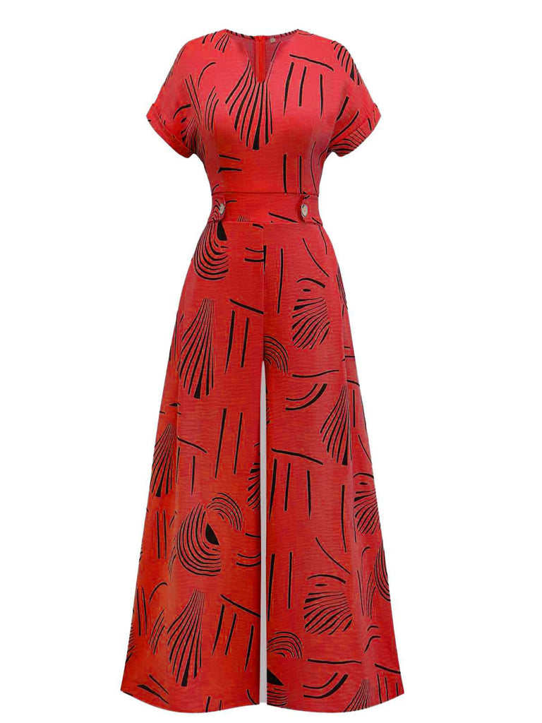 1970s V-Neck Abstract Line Wide-Leg Jumpsuit - vintage jumpsuit, retro fashion
