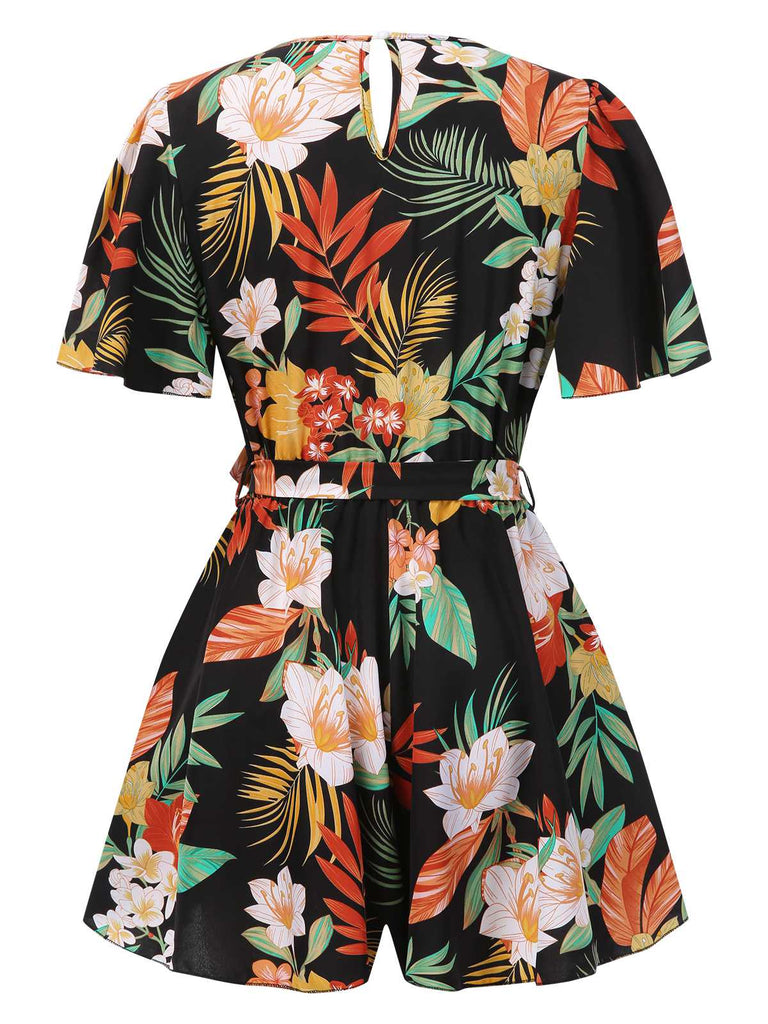1970s V-Neck Boho Floral Belted Romper: 1970s detail work for the woman who notices