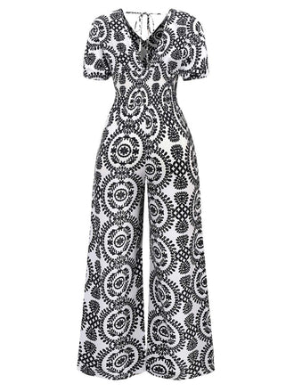 1970s V-Neck Boho Puff Sleeve Wide-Leg Jumpsuit - vintage jumpsuit, retro fashion