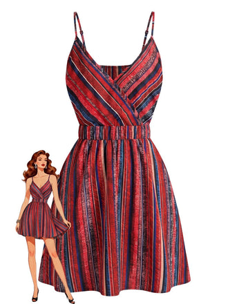 1970s V-Neck Boho Style Striped Mini Dress, vintage dress, retro fashion - perfect for women who love vintage and retro fashion