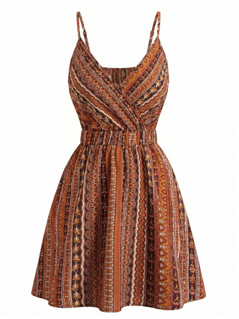 1970s V-Neck Boho Style Striped Mini Dress, vintage dress, retro fashion - perfect for women who love vintage and retro fashion