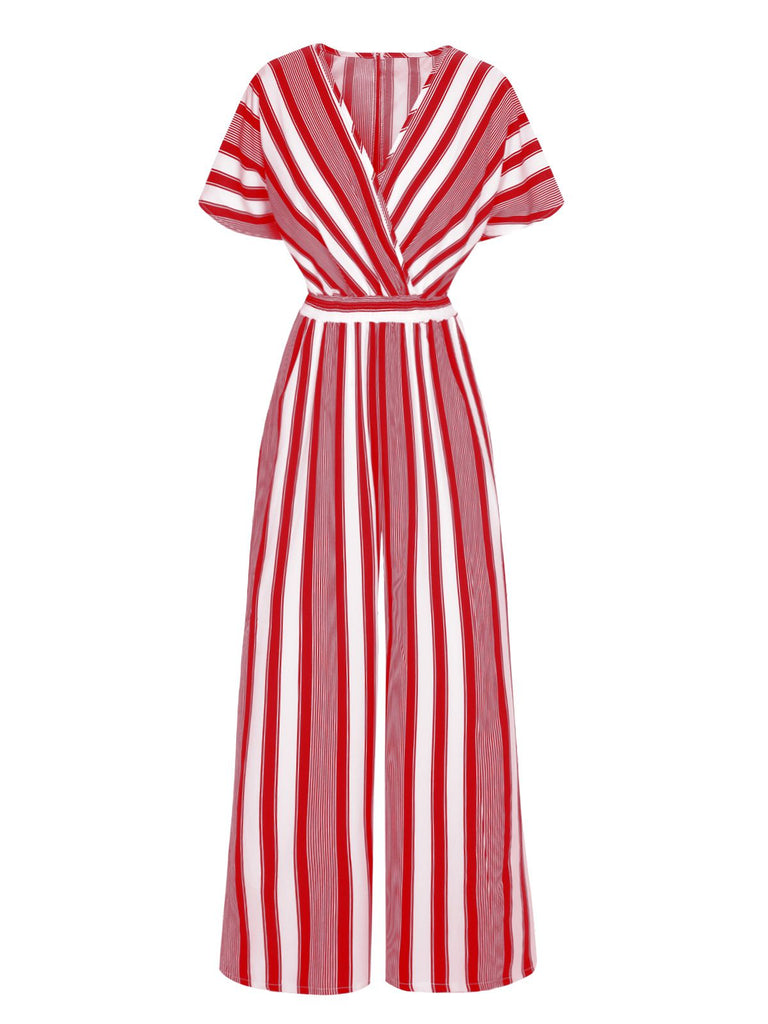 She finds her 1970s story in this 1970s V-Neck Contrast Stripes Jumpsuit