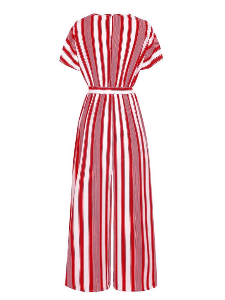 This 1970s V-Neck Contrast Stripes Jumpsuit whispers 1970s secrets to those who notice