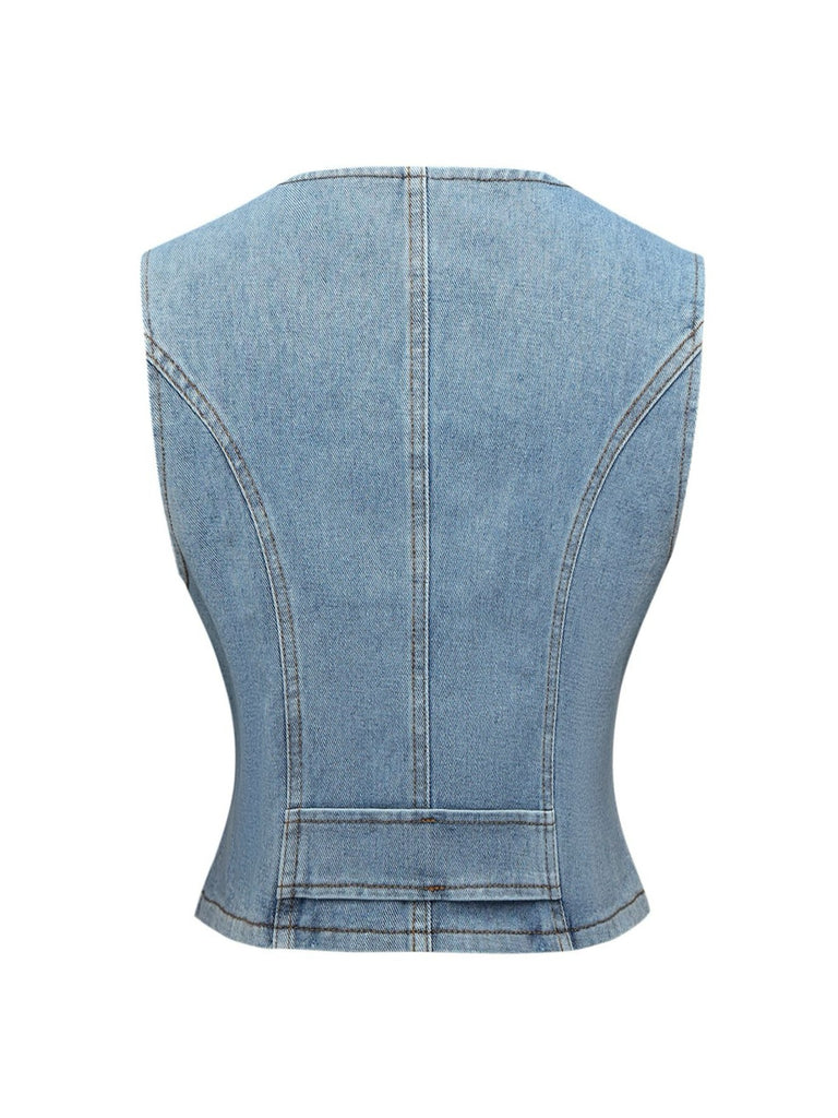 1970s V-Neck Denim Cropped Vest - vintage fashion, retro style