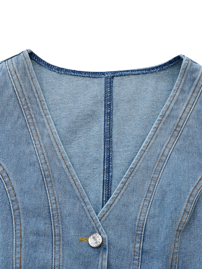 1970s V-Neck Denim Cropped Vest - vintage fashion, retro style