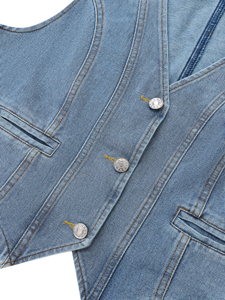 1970s V-Neck Denim Cropped Vest - vintage fashion, retro style