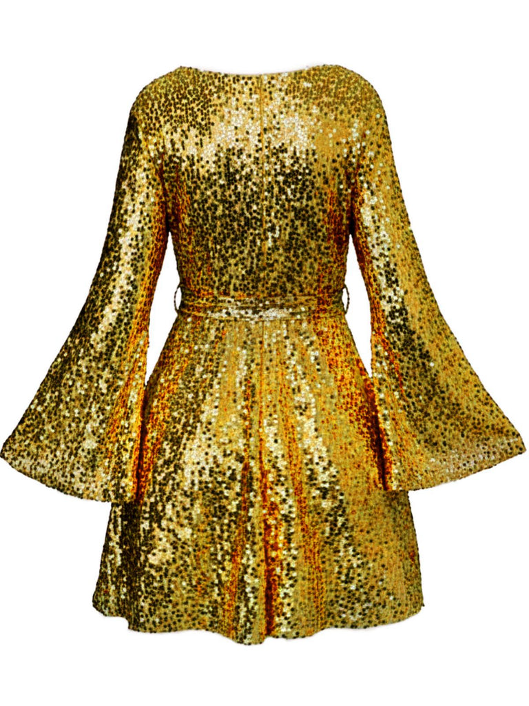 1970s V-Neck Flare Sleeve Sequined Disco Dress - vintage dress, retro fashion