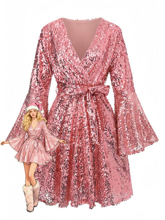 1970s V-Neck Flare Sleeve Sequined Disco Dress - vintage dress, retro fashion